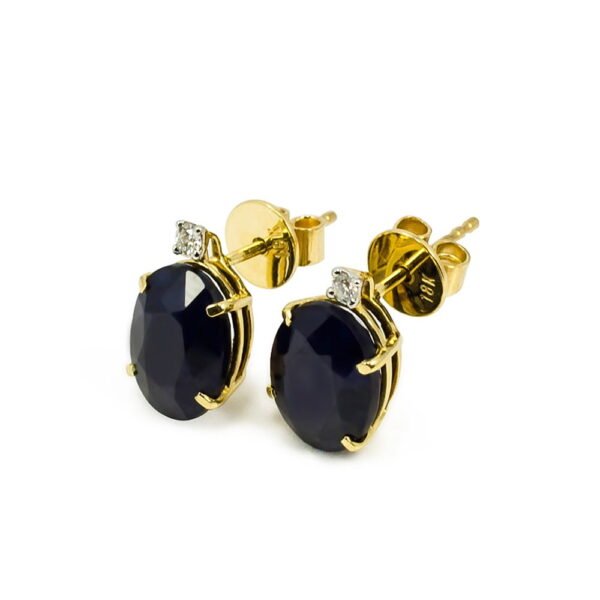 Blue Sapphire One Diamond Oval Earrings in 18K Gold - Image 3