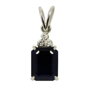 Blue Sapphire Trio Diamonds Emerald-cut Pendant in 18K White Gold