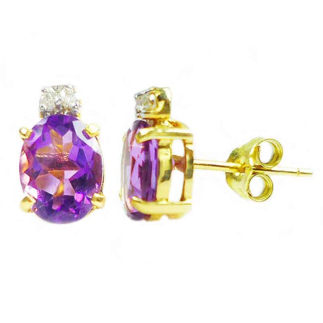 Amethyst Twin Diamonds Oval Earrings in 18K Gold