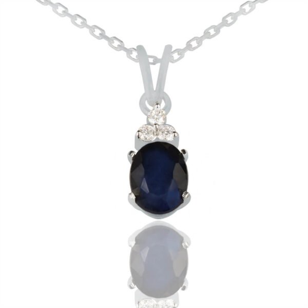 18K White Gold Oval Blue Sapphire Pendant with Three Diamonds