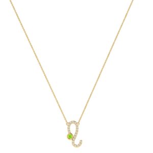 Leo Zodiac Sign Necklace with 0.06 ct Diamond and 0.03 ct Peridot in 18K Gold