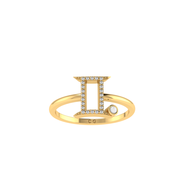 Gemini Zodiac Sign Ring with 0.072 ct Diamond and 0.02 ct Pearl in 18K Gold