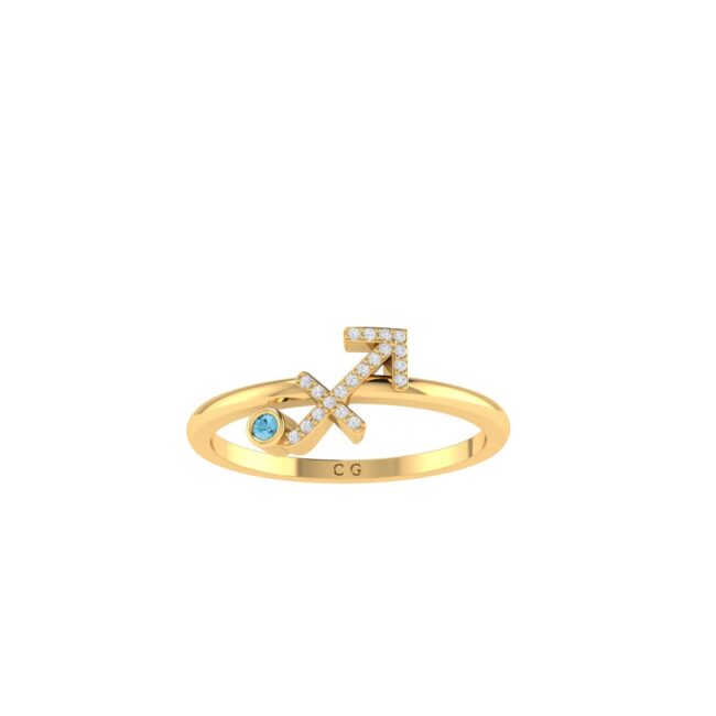 Sagittarius Zodiac Sign Ring with 0.06 ct Diamond and 0.03 ct Blue Topaz in 18K Gold