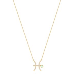 Pisces Zodiac Sign Necklace with 0.069 ct Diamond and 0.03 ct Aquamarine in 18K Gold