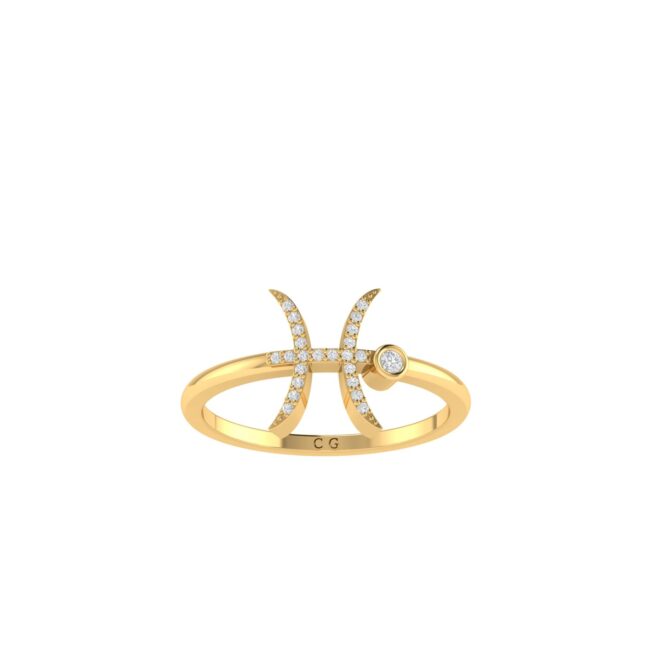 Pisces Zodiac Sign Ring with 0.089 ct Diamond in 18K Gold