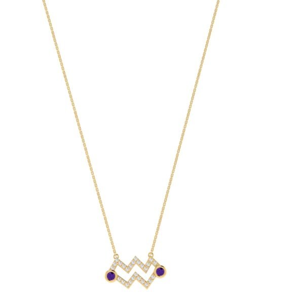 Aquarius Zodiac Sign Necklace with 0.078 ct Diamond and 0.06 ct Amethyst in 18K Gold