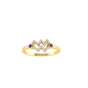 Aquarius Zodiac Sign Ring with 0.078 ct Diamond and 0.06 ct Amethyst in 18K Gold