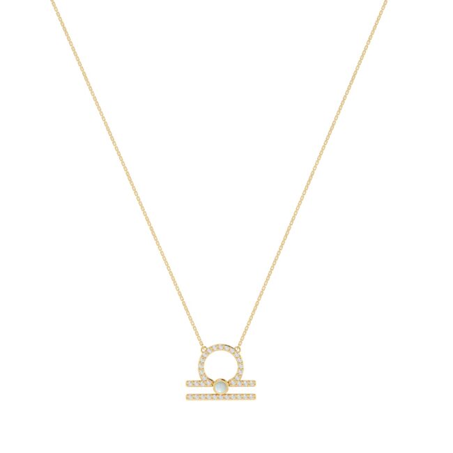 Libra Zodiac Sign Necklace with 0.102 ct Diamond and 0.01 ct Opal in 18K Gold