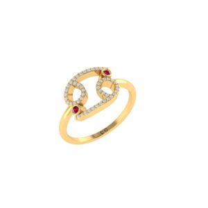 Cancer Zodiac Sign Ring with 0.144 ct Diamond and 0.08 ct Ruby in 18K Gold