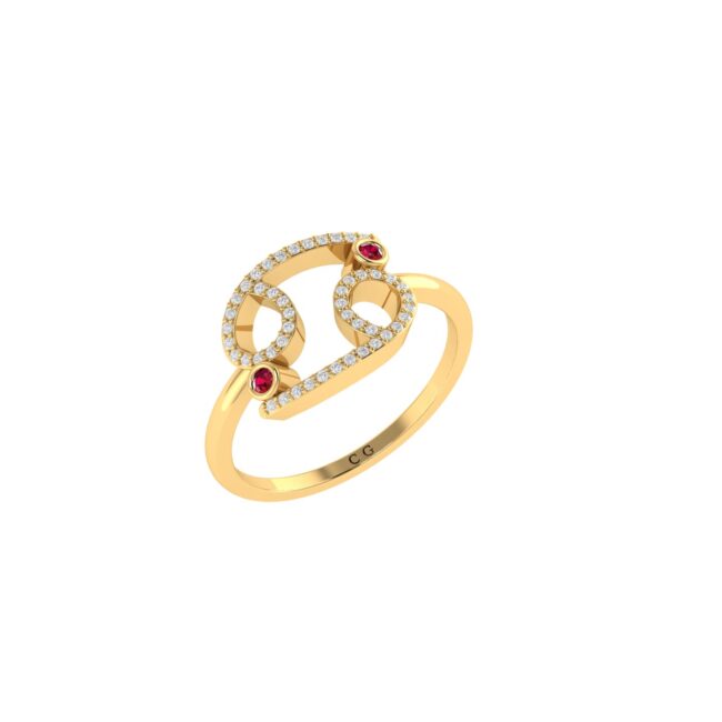 Cancer Zodiac Sign Ring with 0.144 ct Diamond and 0.08 ct Ruby in 18K Gold