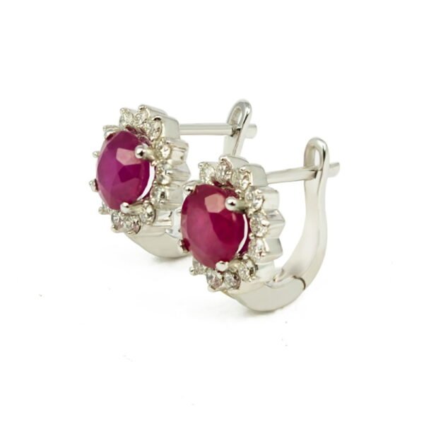 Ruby Diamond Round Earrings in 18K White Gold – Luxury Ruby Earrings Dubai, UAE