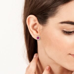 Ruby Diamond Round Earrings in 18K White Gold – Luxury Ruby Earrings Dubai, UAE