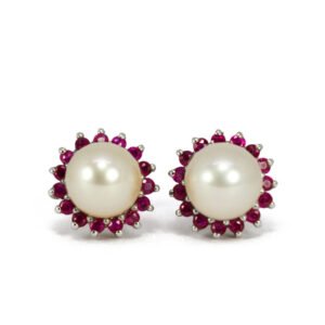 18K White Gold Designer Pearl Ruby Earrings