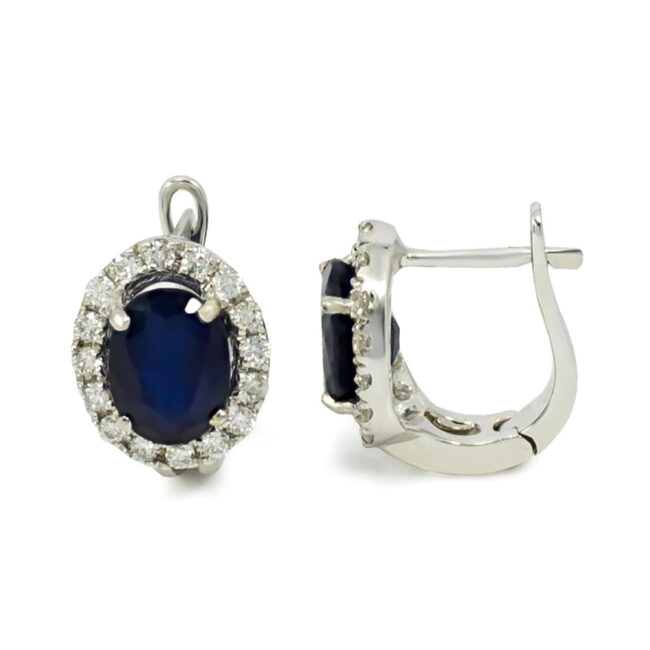 Blue Sapphire Diamonds Halo Style Oval Earrings in 18K White Gold