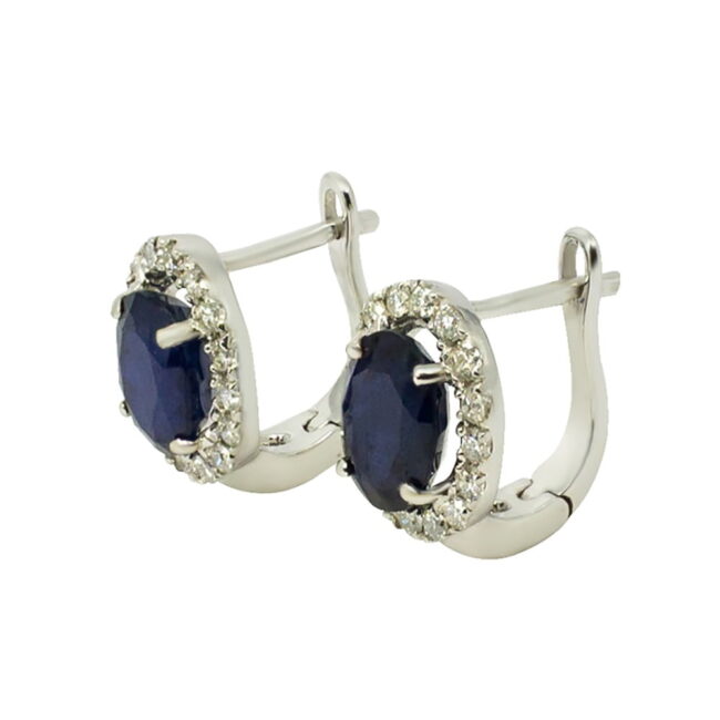 Blue Sapphire Diamonds Halo Style Oval Earrings in 18K White Gold