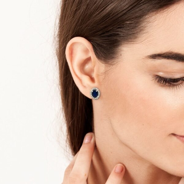 Blue Sapphire Diamonds Halo Style Oval Earrings in 18K White Gold - Image 2