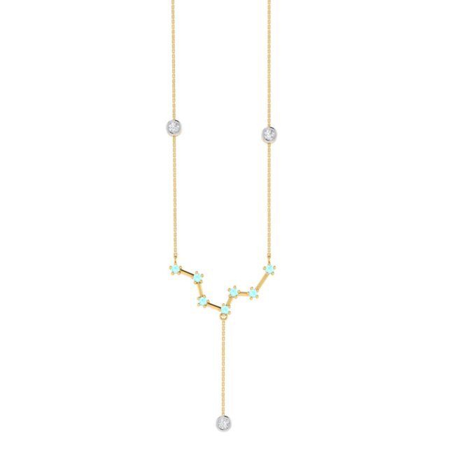 Pisces Constellations Necklace with 0.14 ct Aquamarine and 0.09 ct Diamond in 18K Gold