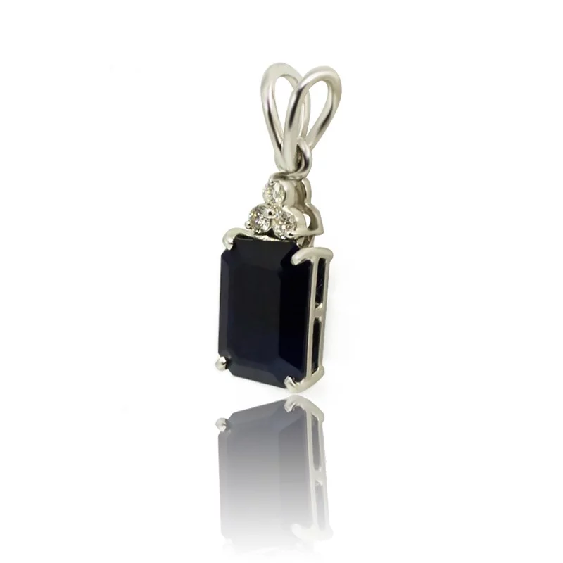 Blue Sapphire Trio Diamonds Emerald-cut Pendant in 18K White Gold - Image 2