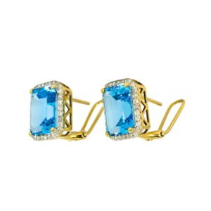 Blue Topaz Diamond Emerald-cut French Back Earrings in 18K Gold