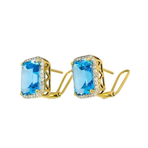 Blue Topaz Diamond Emerald-cut French Back Earrings in 18K Gold