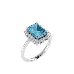Diana Emerald-Cut Blue Topaz and Glinting Diamond Ring in 18K White Gold (4ct)