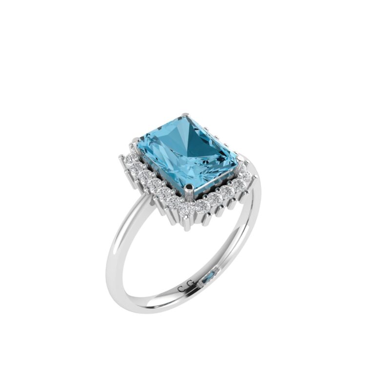 Diana Emerald-Cut Blue Topaz and Glinting Diamond Ring in 18K White Gold (4ct)