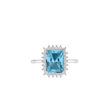 Diana Emerald-Cut Blue Topaz and Glinting Diamond Ring in 18K White Gold (4ct)