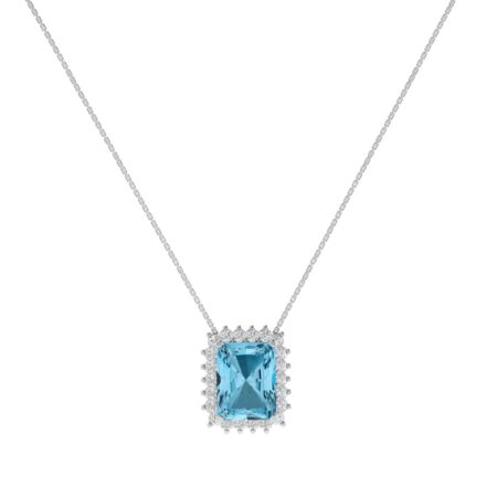 Diana Emerald-Cut Blue Topaz and Glinting Diamond Necklace in 18K White Gold (4ct)