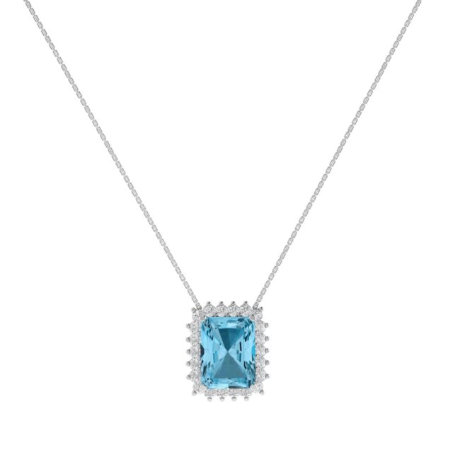 Diana Emerald-Cut Blue Topaz and Glinting Diamond Necklace in 18K White Gold (4ct)