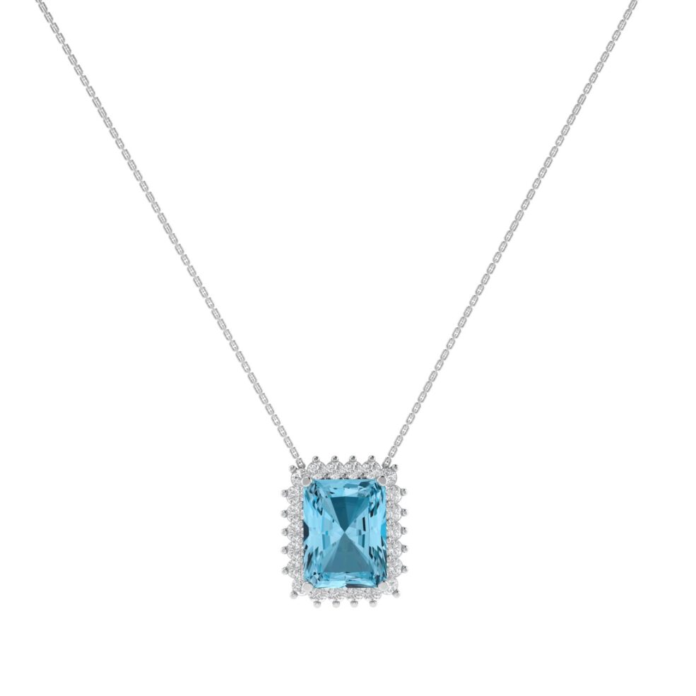 Diana Emerald-Cut Blue Topaz and Glinting Diamond Necklace in 18K White Gold (4ct)