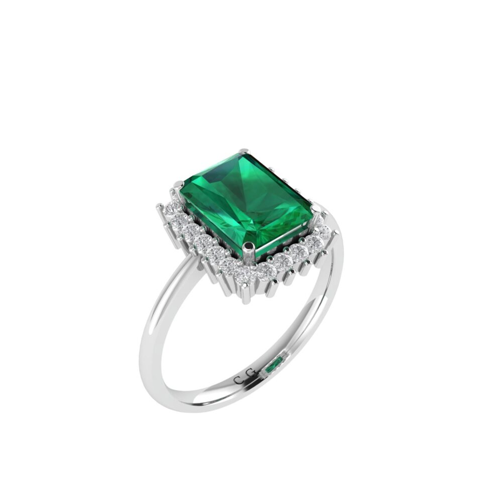 Diana Emerald-Cut Emerald and Glittering Diamond Ring in 18K White Gold (3.15ct)