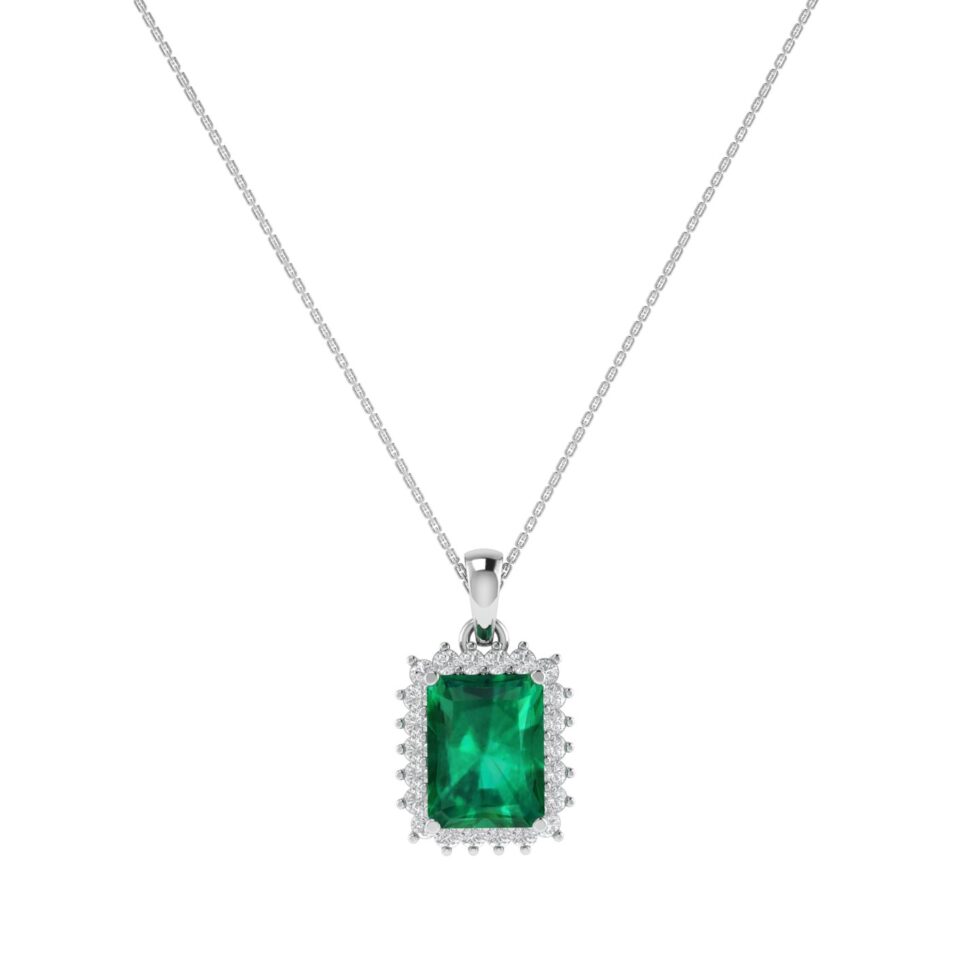 Diana Emerald-Cut Emerald and Glittering Diamond Pendant in 18K White Gold (3.15ct)