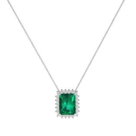 Diana Emerald-Cut Emerald and Glittering Diamond Necklace in 18K White Gold (3.15ct)