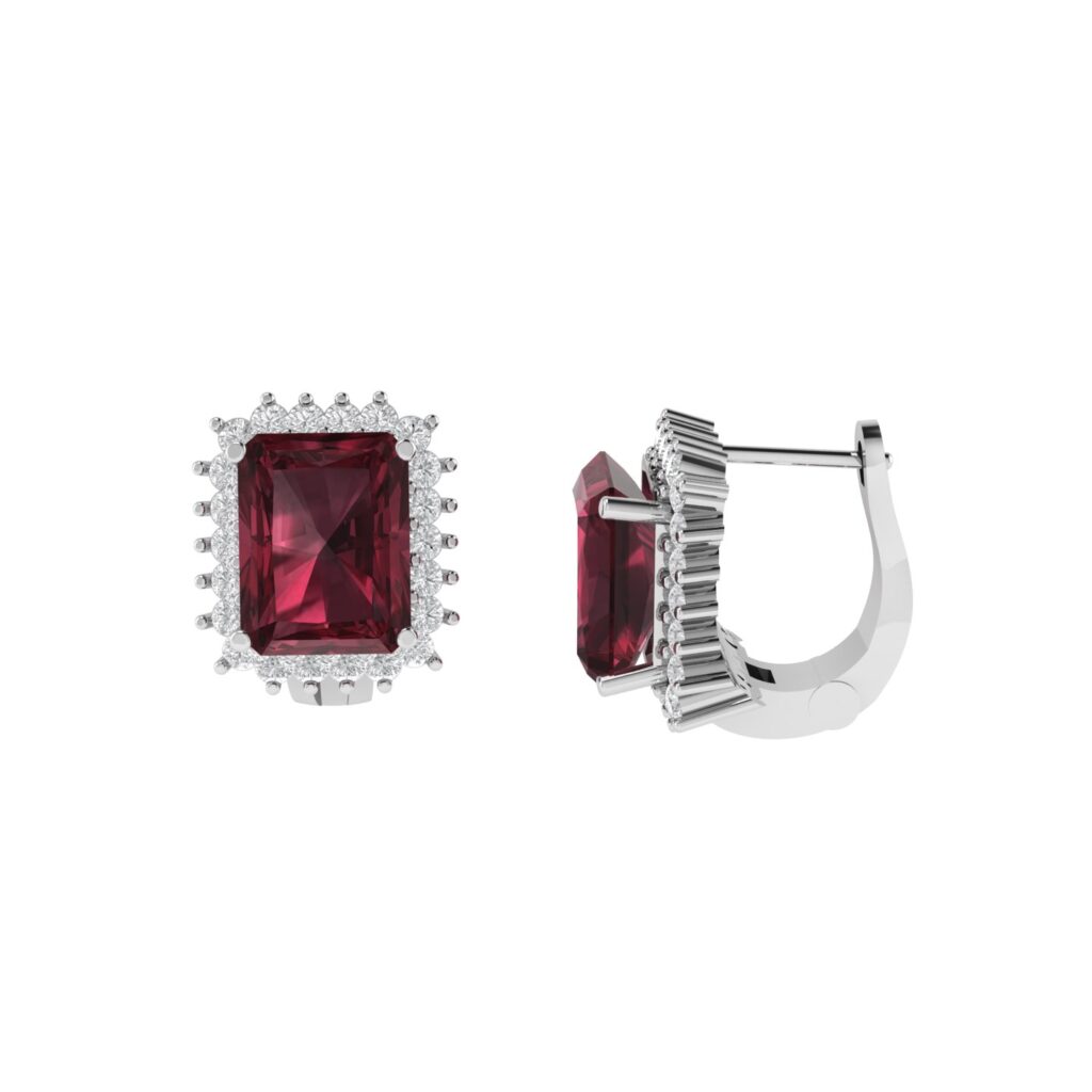 Diana Emerald-Cut Garnet and Shimmering Diamond Earrings in 18K White Gold (7ct)