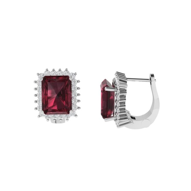 Diana Emerald-Cut Garnet and Shimmering Diamond Earrings in 18K White Gold (7ct)