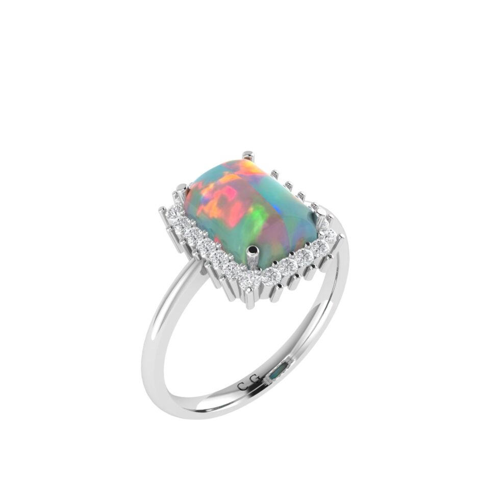 Diana Emerald-Cut Opal and Shining Diamond Ring in 18K White Gold (3.8ct)