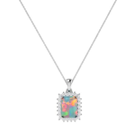 Diana Emerald-Cut Opal and Shining Diamond Pendant in 18K White Gold (3.8ct)