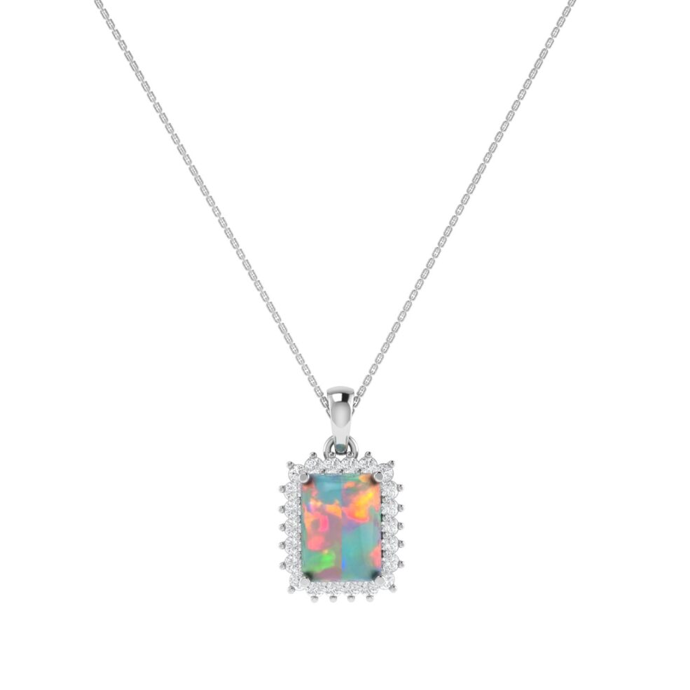 Diana Emerald-Cut Opal and Shining Diamond Pendant in 18K White Gold (3.8ct)