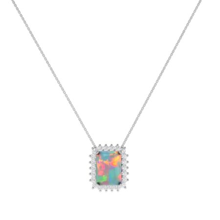 Diana Emerald-Cut Opal and Shining Diamond Necklace in 18K White Gold (3.8ct)