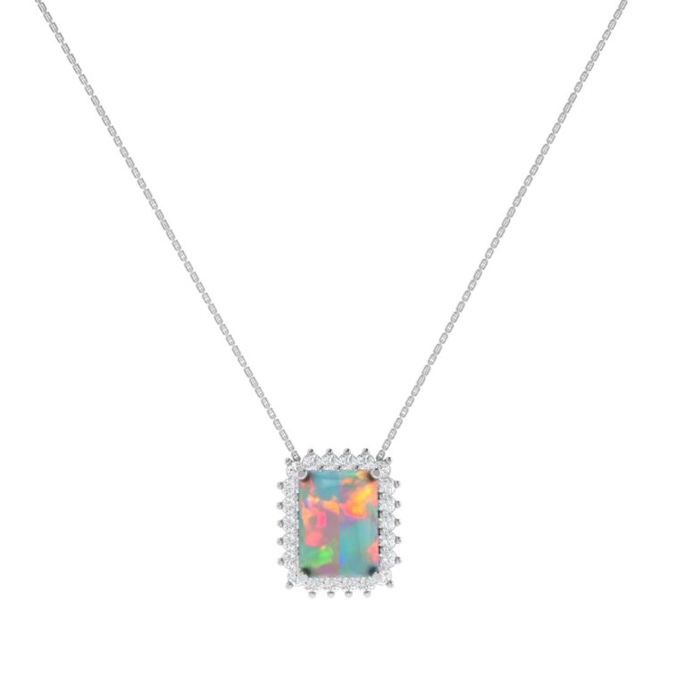 Diana Emerald-Cut Opal and Shining Diamond Necklace in 18K White Gold (3.8ct)