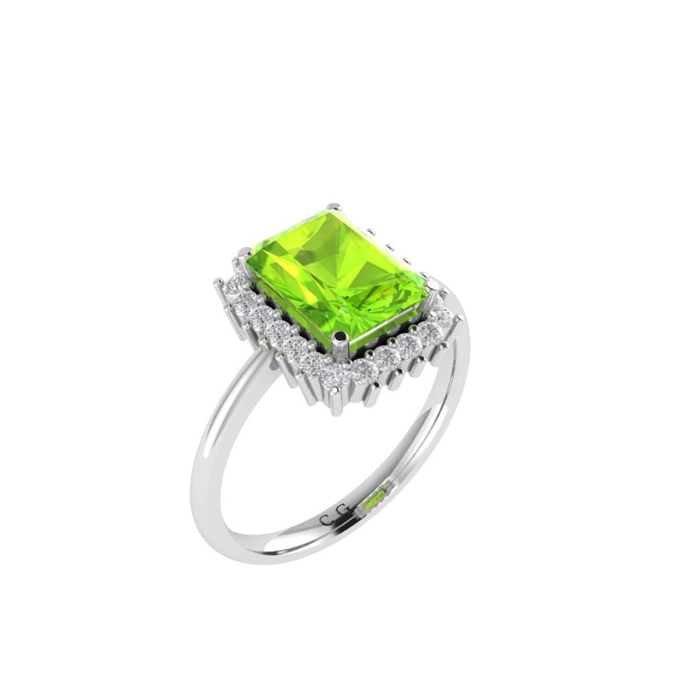 Diana Emerald-Cut Peridot and Glowing Diamond Ring in 18K White Gold (3.8ct)