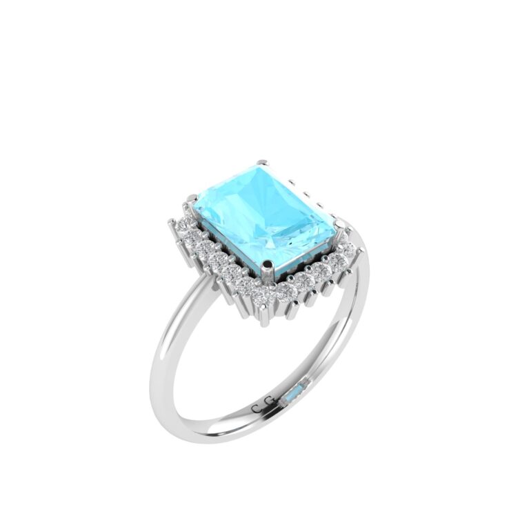 Diana Emerald-Cut Aquamarine and Gleaming Diamond Ring in 18K White Gold (3ct)