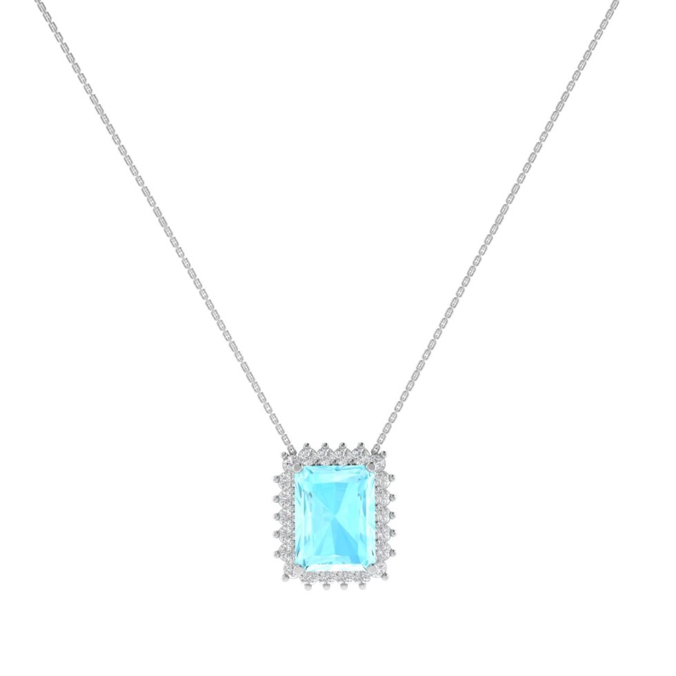 Diana Emerald-Cut Aquamarine and Gleaming Diamond Necklace in 18K White Gold (3ct)