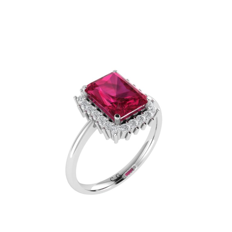 Diana Emerald-Cut Ruby and Glistering Diamond Ring in 18K White Gold (3.4ct)
