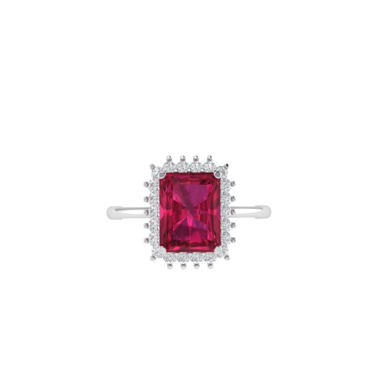 Diana Emerald-Cut Ruby and Glistering Diamond Ring in 18K White Gold (3.4ct)