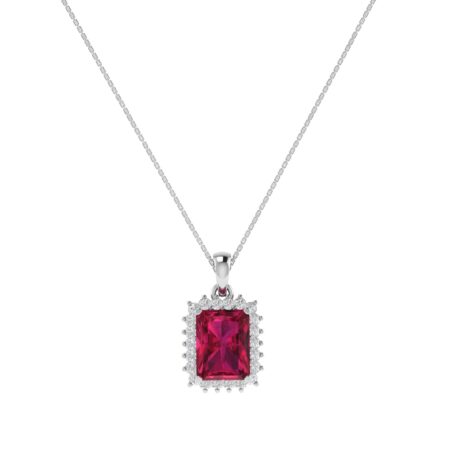 Diana Emerald-Cut Ruby and Glistering Diamond Pendant in 18K White Gold (3.4ct)