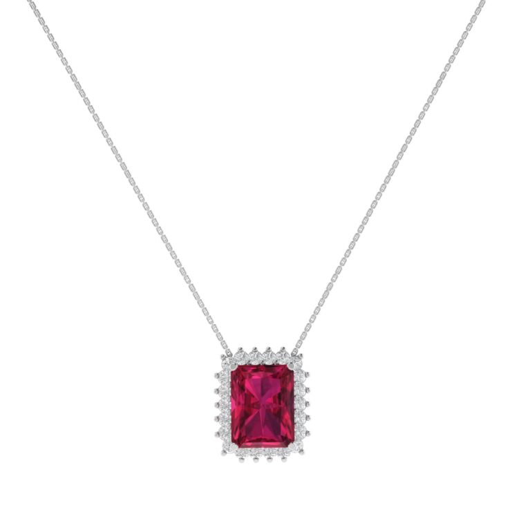 Diana Emerald-Cut Ruby and Glistering Diamond Necklace in 18K White Gold (3.4ct)