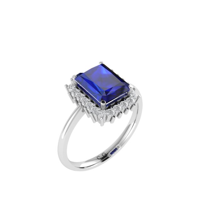 Diana Emerald-Cut Blue Sapphire and Radiant Diamond Ring in 18K White Gold (3.4ct)