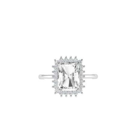 Diana Emerald-Cut White Topaz and Ablazing Diamond Ring in 18K White Gold (4ct)