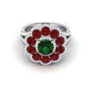 Emerald Blossom: 1.5 Carat Round Emerald Floral Ring with Ruby and Diamond Accents in 18k Gold